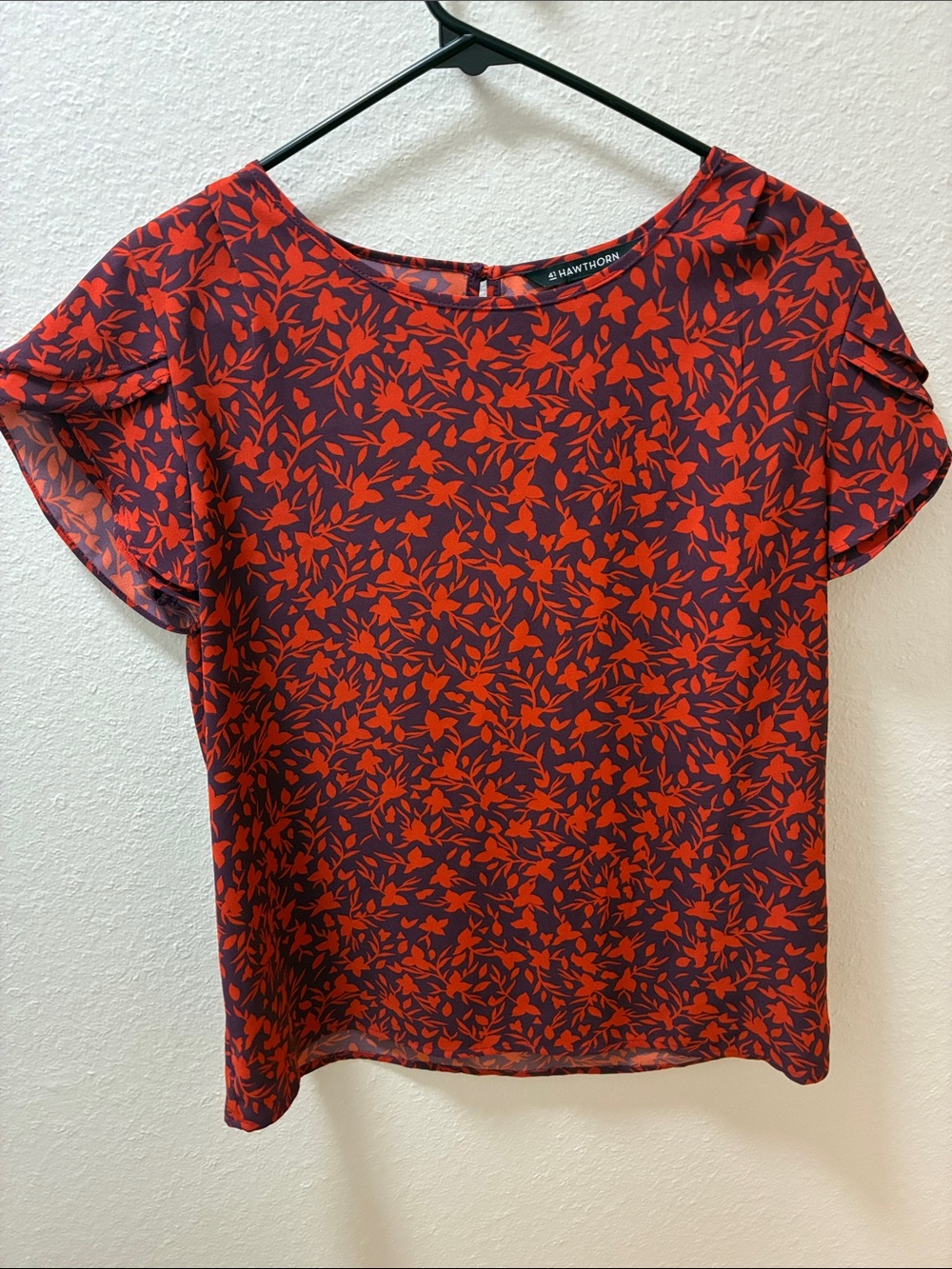 41 Hawthorn Red and Purple Leaf-Print Short Sleeve Blouse